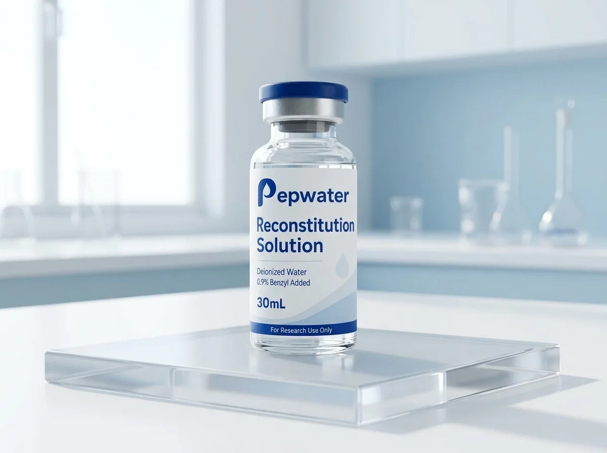 PepWater 30 mL research vial on a clear laboratory platform
