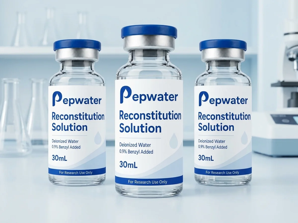 Three PepWater research vials in a bright laboratory setting