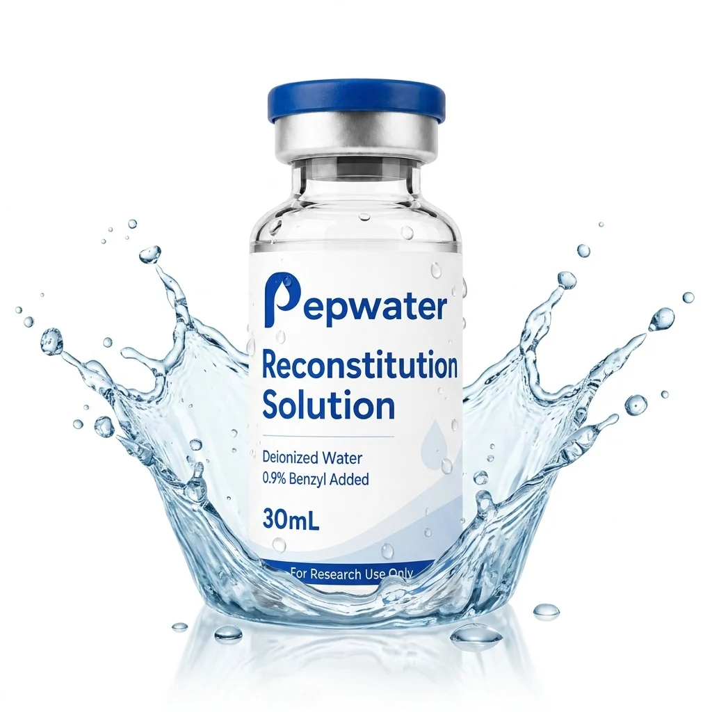 PepWater 30 mL research vial surrounded by a water splash