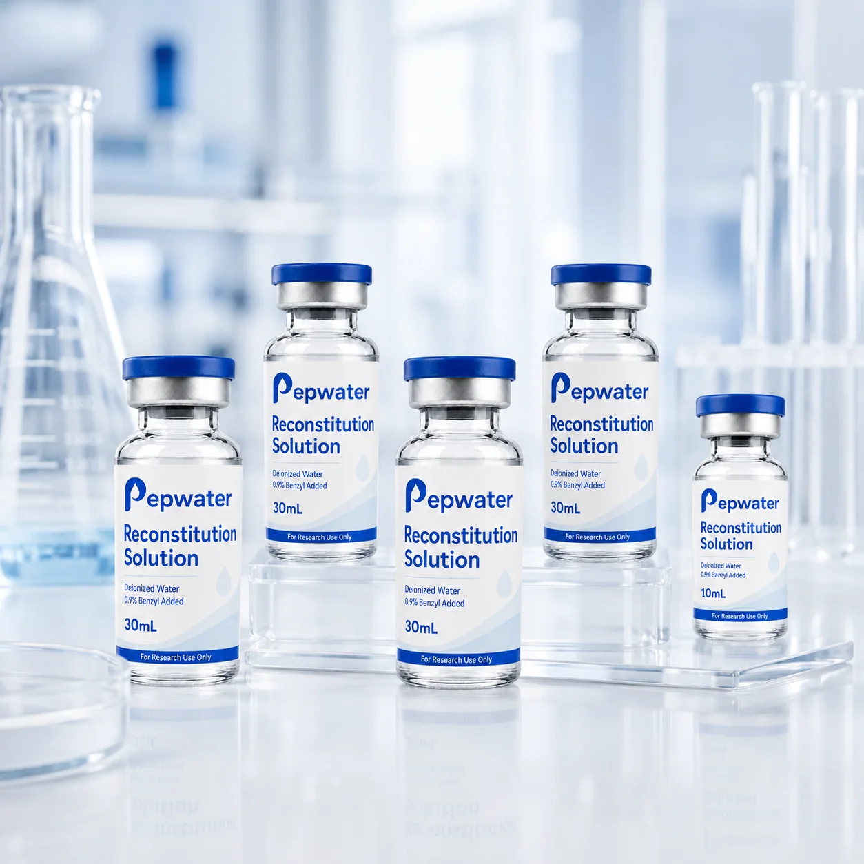 PepWater research vials in a bright laboratory setting