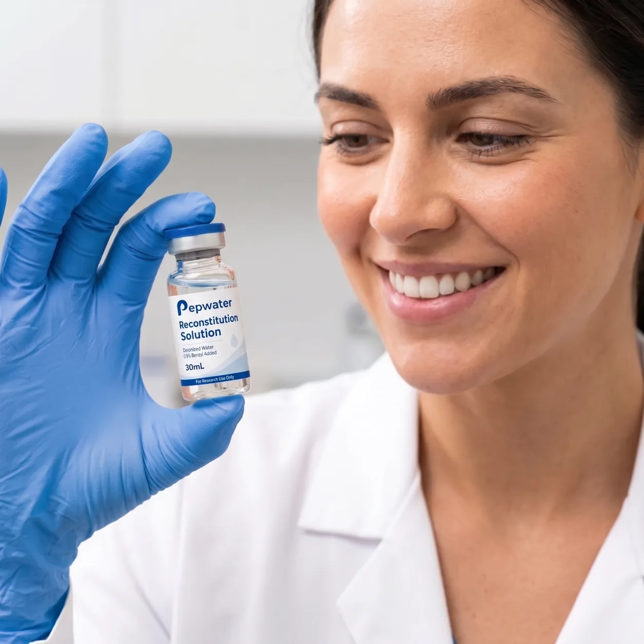 Researcher wearing blue gloves examining a PepWater 30 mL vial